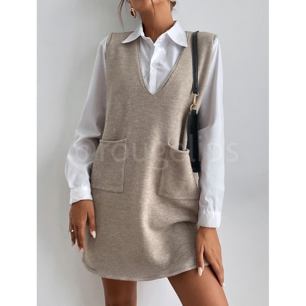 Knit Oversized Mini Vest Dress Khaki V-Neck with Pockets - Picture 4 of 9